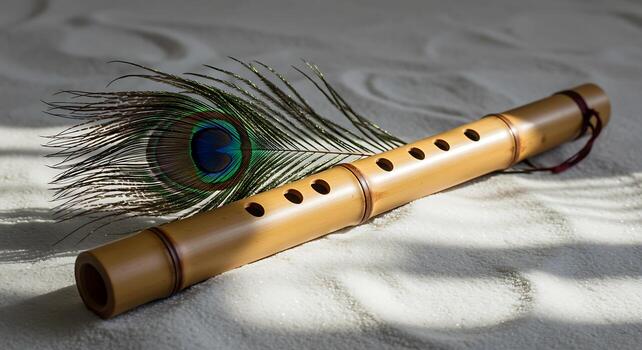 bamboo flute and peacock feather a serene musical still life photo